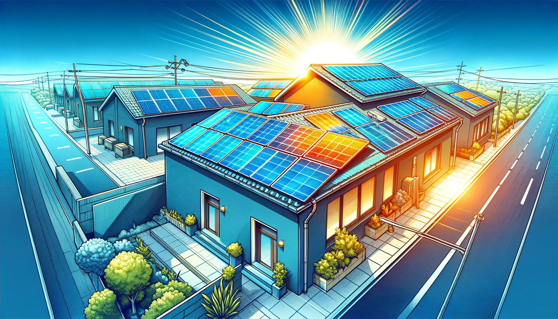 Maison moderne équipée de panneaux solaires sur le toit, ciel bleu en arrière-plan, symbolisant l'efficacité et l'écologie de l'énergie solaire.