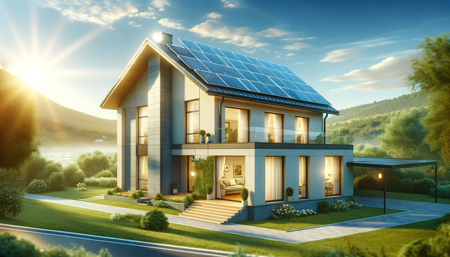 Maison moderne équipée de panneaux solaires sur le toit dans un paysage ensoleillé, symbolisant l'énergie renouvelable et l'efficacité écologique.