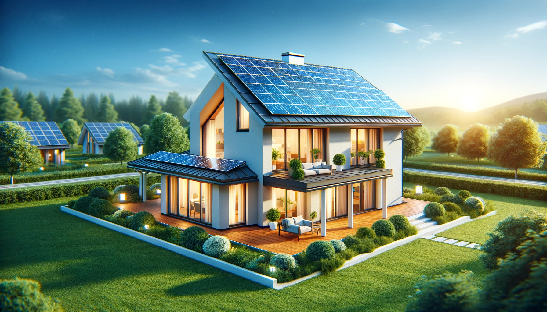 Maison moderne équipée d'une installation de panneaux solaires de 6 kWc sur le toit, entourée d'un jardin verdoyant sous un ciel bleu clair, symbolisant l'efficacité et l'énergie renouvelable.