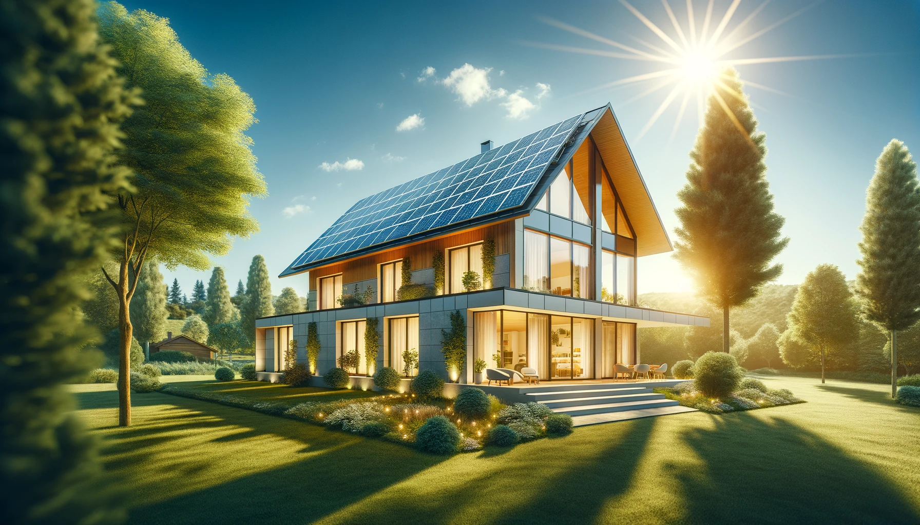 Une maison moderne équipée de panneaux solaires photovoltaïques sur le toit, dans un cadre naturel ensoleillé avec des arbres et un ciel bleu. Image symbolisant l'efficacité et l'aspect écologique de l'énergie solaire dans l'habitat contemporain.