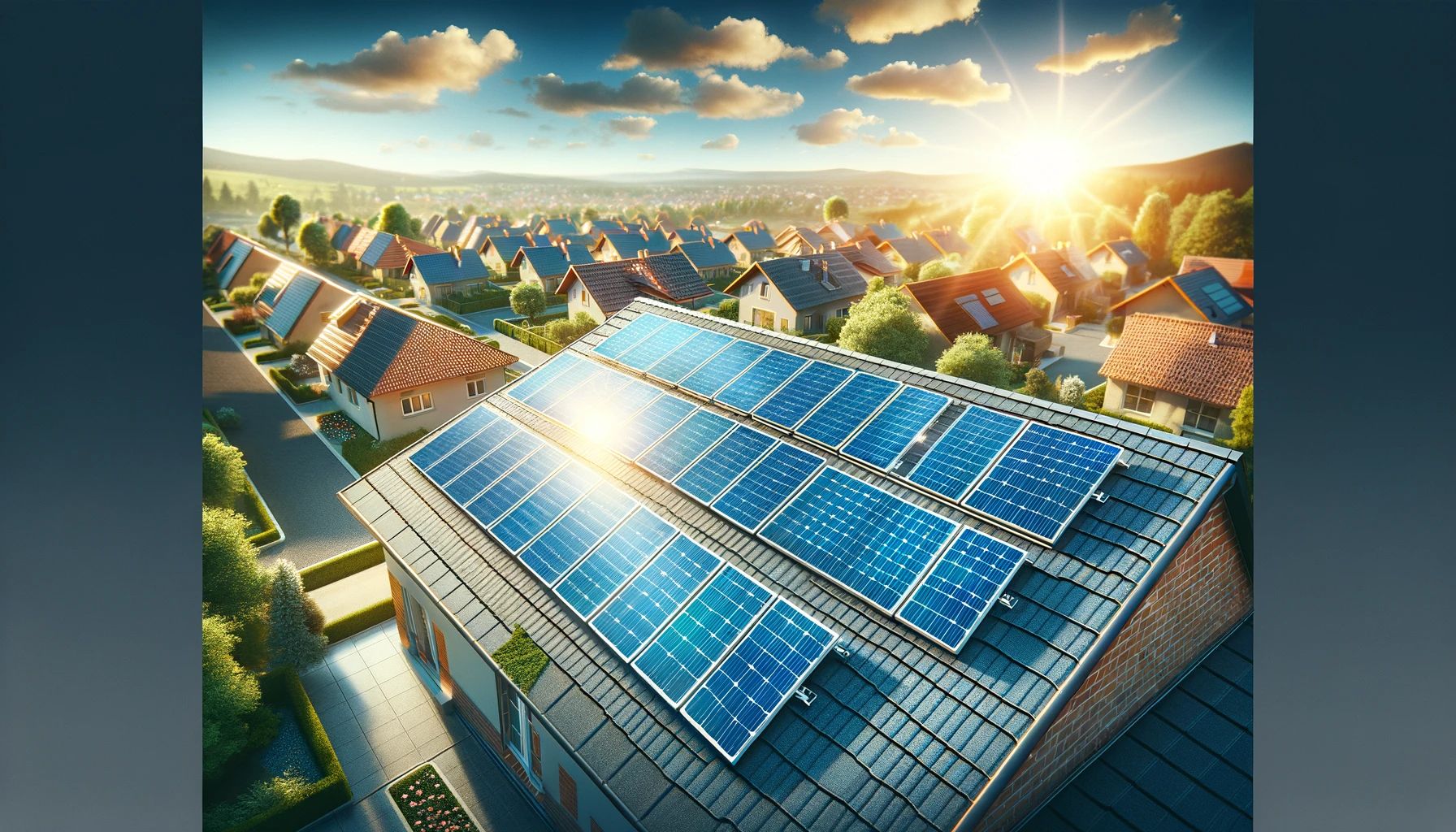 Installation de 12 panneaux solaires photovoltaïques sur un toit ensoleillé dans un quartier résidentiel, illustrant l'efficacité et la durabilité de l'énergie solaire.