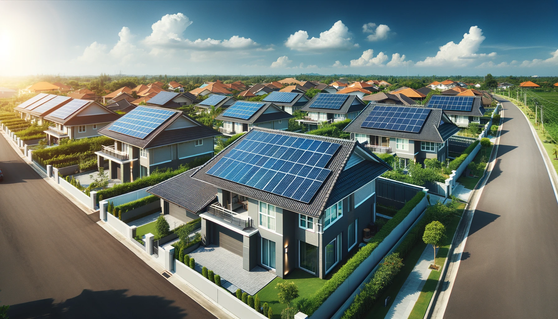 Toit résidentiel équipé de 8 panneaux solaires, orientation optimale sud, sous un ciel bleu ensoleillé, illustrant une solution énergétique efficace et écologique.