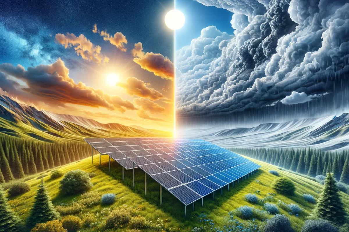 Panels solaires sous ciel ensoleillé et nuageux illustrant efficacité et défis en énergie renouvelable