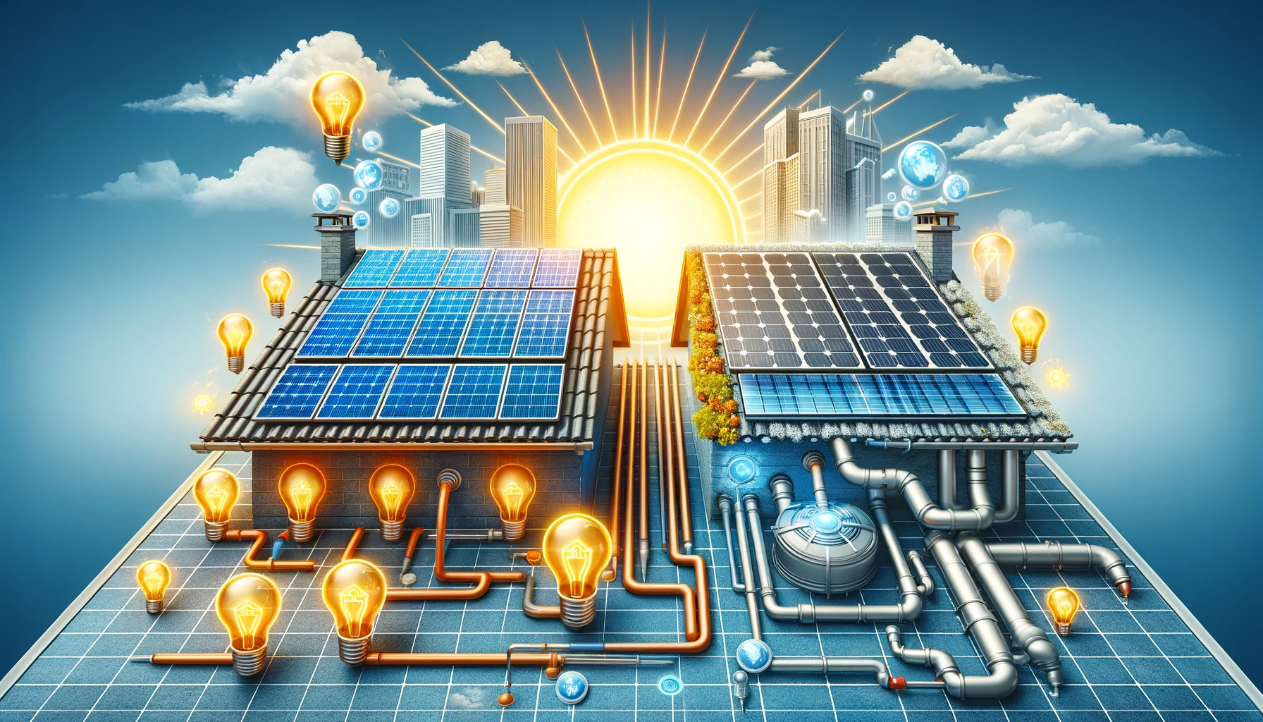 "Panneaux solaires photovoltaïques sur un toit résidentiel à côté de panneaux solaires thermiques sur un bâtiment commercial, illustrant leurs applications respectives en énergie renouvelable, sous un ciel bleu ensoleillé.