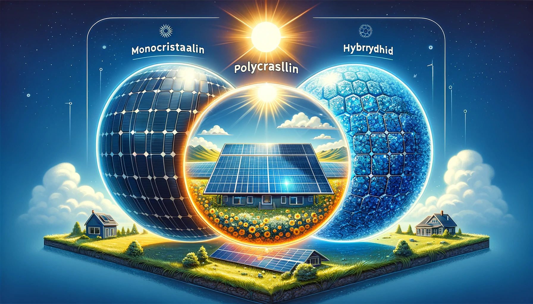 Illustration détaillée montrant trois types de panneaux solaires : monocristallin, polycristallin et hybride, dans un paysage ensoleillé avec ciel bleu et maison équipée de panneaux solaires.