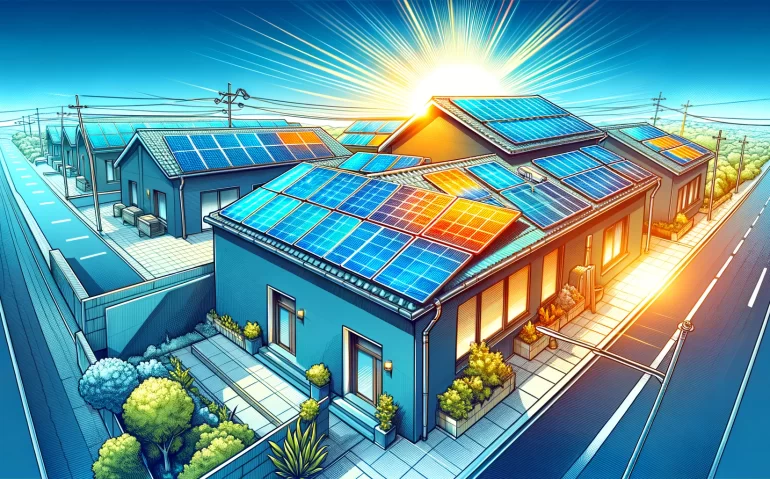Maison moderne équipée de panneaux solaires sur le toit, ciel bleu en arrière-plan, symbolisant l'efficacité et l'écologie de l'énergie solaire.