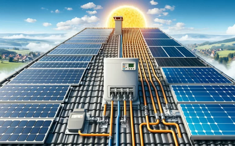Comparaison entre panneaux solaires et photovoltaïques sur toits, avec technologie d'énergie propre et ciel bleu en arrière-plan - Guide Echosite sur l'énergie solaire