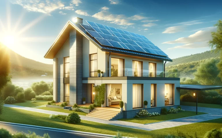 Maison moderne équipée de panneaux solaires sur le toit dans un paysage ensoleillé, symbolisant l'énergie renouvelable et l'efficacité écologique.