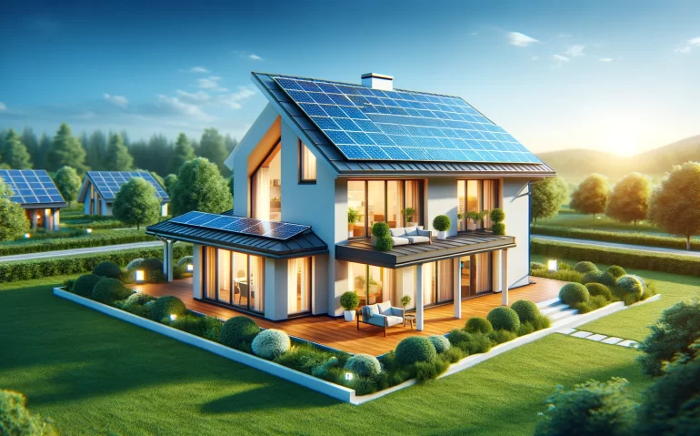 Maison moderne équipée d'une installation de panneaux solaires de 6 kWc sur le toit, entourée d'un jardin verdoyant sous un ciel bleu clair, symbolisant l'efficacité et l'énergie renouvelable.