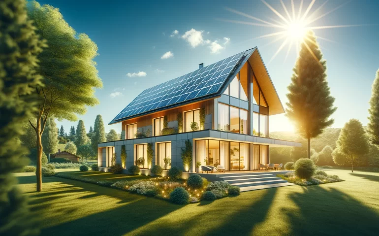 Une maison moderne équipée de panneaux solaires photovoltaïques sur le toit, dans un cadre naturel ensoleillé avec des arbres et un ciel bleu. Image symbolisant l'efficacité et l'aspect écologique de l'énergie solaire dans l'habitat contemporain.