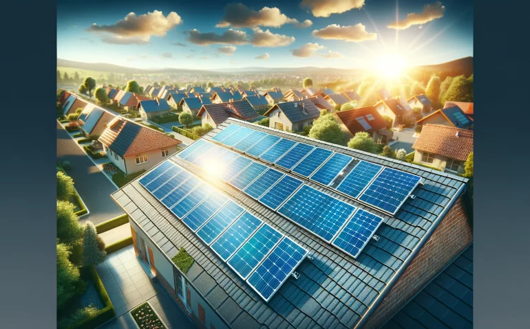 Installation de 12 panneaux solaires photovoltaïques sur un toit ensoleillé dans un quartier résidentiel, illustrant l'efficacité et la durabilité de l'énergie solaire.