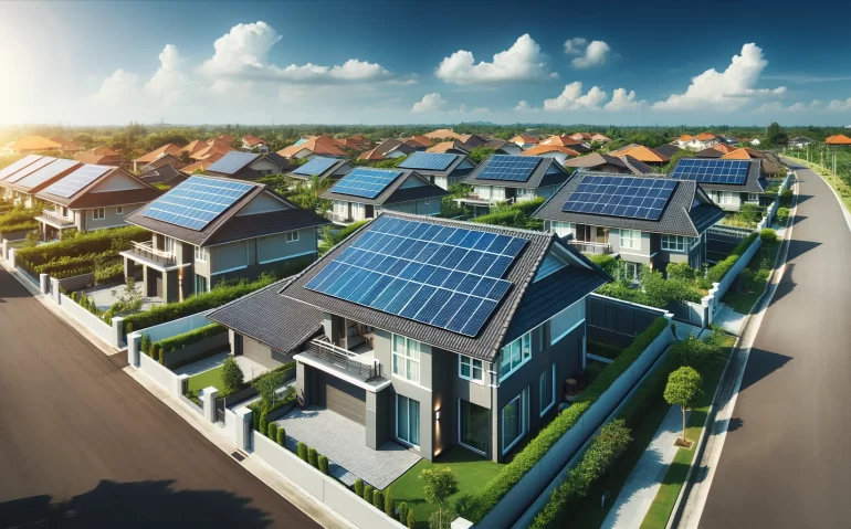 Toit résidentiel équipé de 8 panneaux solaires, orientation optimale sud, sous un ciel bleu ensoleillé, illustrant une solution énergétique efficace et écologique.