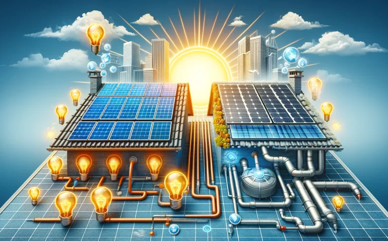 "Panneaux solaires photovoltaïques sur un toit résidentiel à côté de panneaux solaires thermiques sur un bâtiment commercial, illustrant leurs applications respectives en énergie renouvelable, sous un ciel bleu ensoleillé.