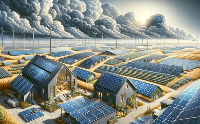 Installation variée de panneaux solaires sur des toits et dans des champs, sous un ciel nuageux, illustrant les défis de l'énergie solaire face aux conditions météorologiques.