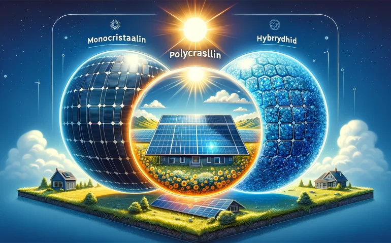 Illustration détaillée montrant trois types de panneaux solaires : monocristallin, polycristallin et hybride, dans un paysage ensoleillé avec ciel bleu et maison équipée de panneaux solaires.